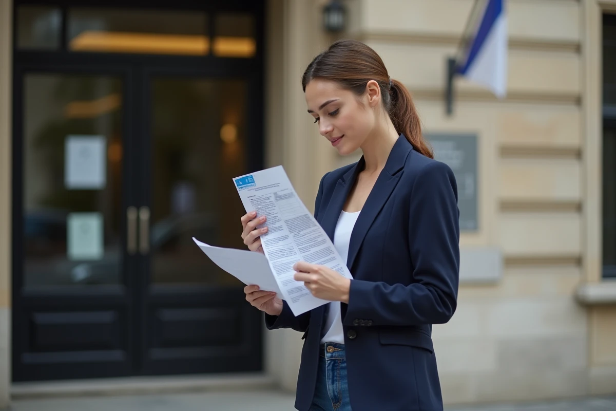 Femme tenant une nouvelle plaque d'immatriculation et un certificat d'immatriculation devant une préfecture française