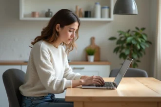 Femme assise à la maison remplissant un formulaire en ligne