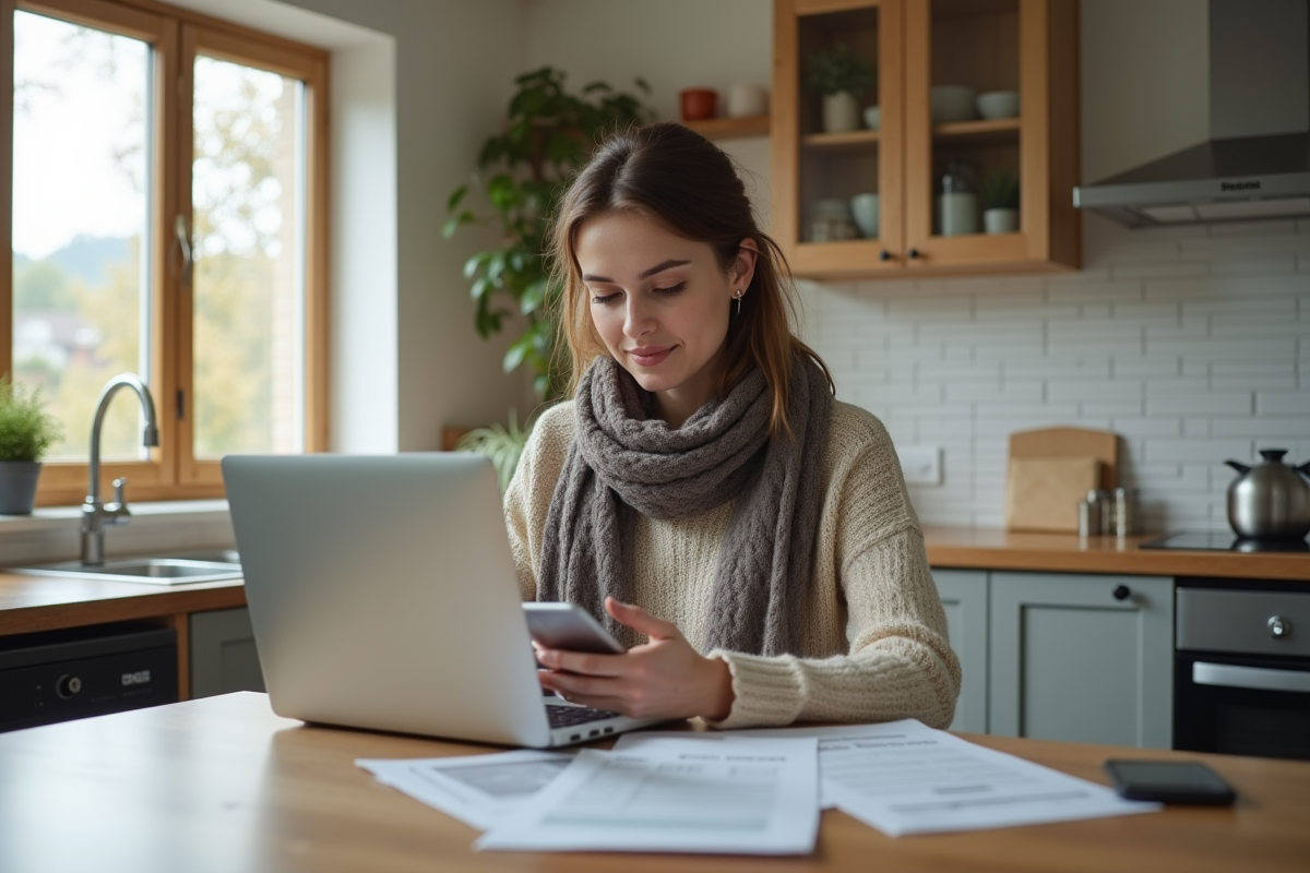 Femme utilisant son ordinateur dans une cuisine lumineuse