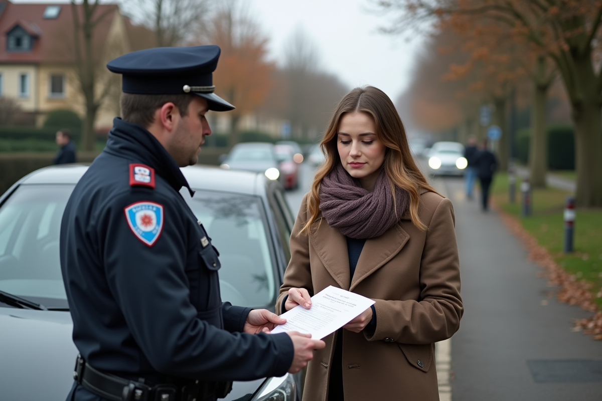 Jeune femme montrant un reçu à un policier en banlieue
