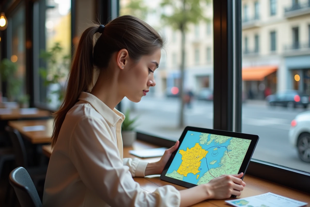 Jeune femme planifiant son trajet sur une tablette numérique