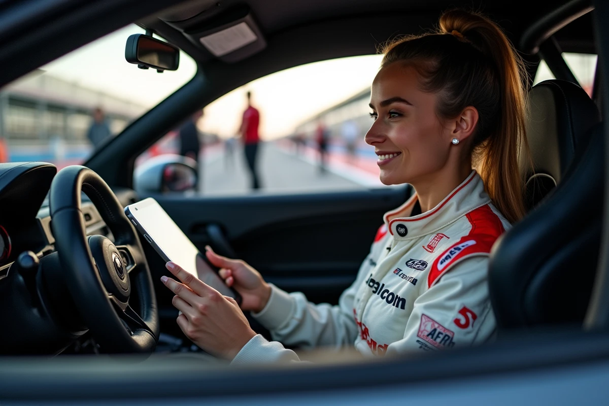Femme dans voiture de course regardant une tablette