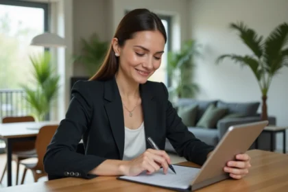 Femme remplissant un rapport d'accident sur une tablette dans un salon lumineux