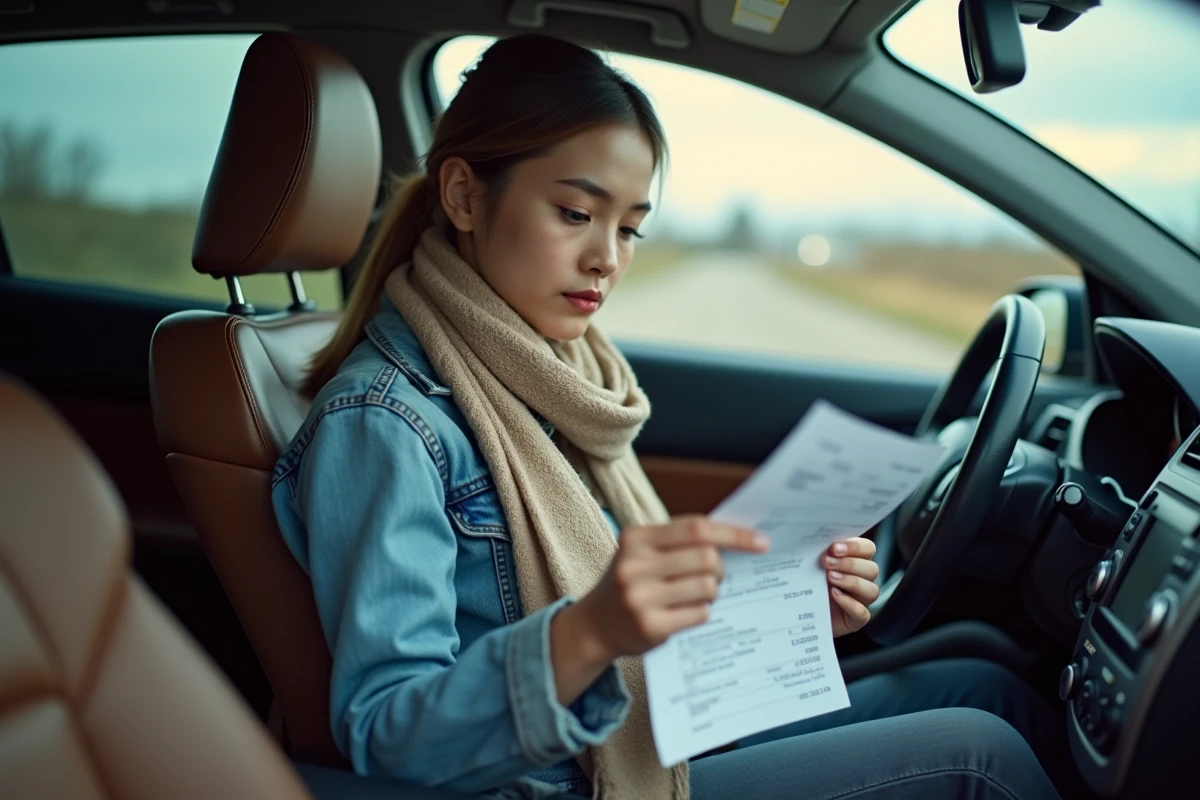 Femme examinant ses reçus dans l intérieur de sa voiture