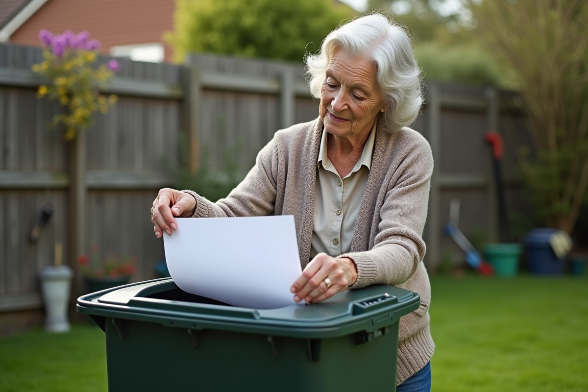 Femme âgée jette ses papiers d