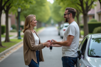 Femme donnant les clés à un jeune homme souriant devant une voiture
