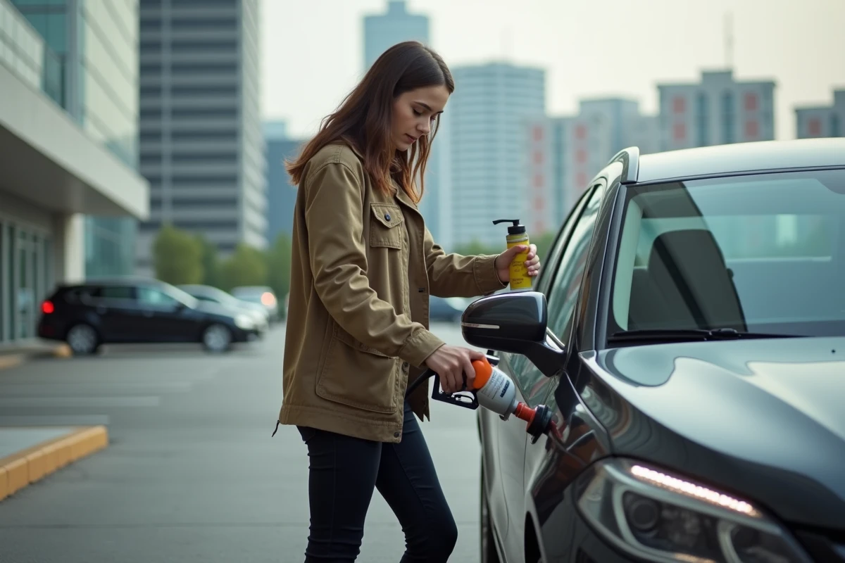 Jeune femme versant nettoyant injecteur dans la voiture en ville