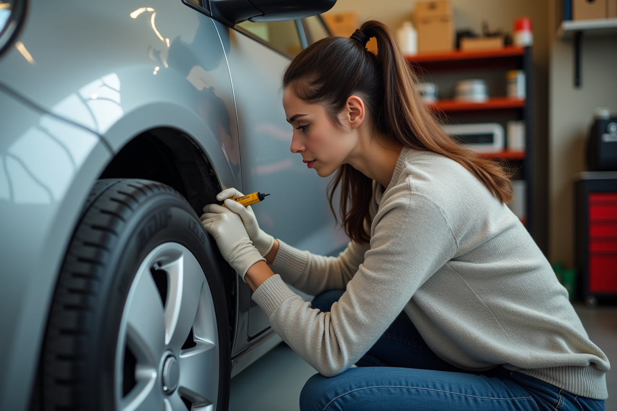 Jeune femme appliquant de la peinture sur une voiture dans un garage