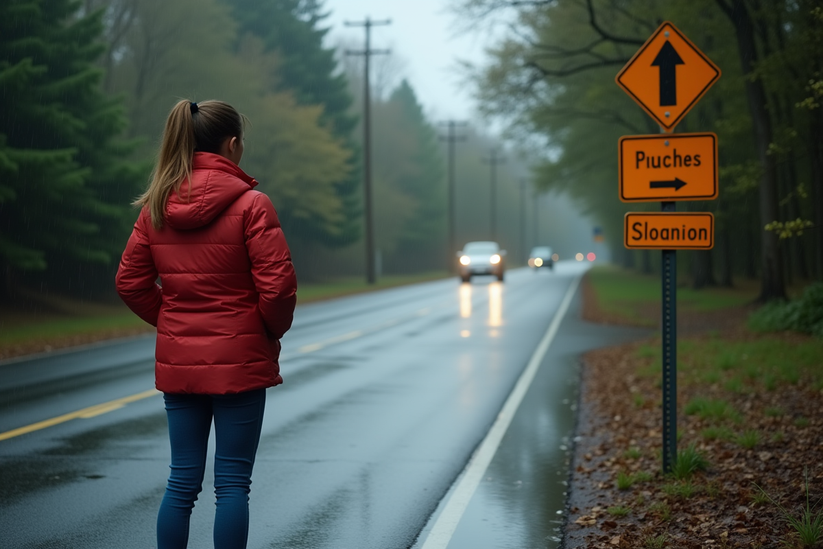 Jeune femme regardant un panneau de danger sur route mouillée