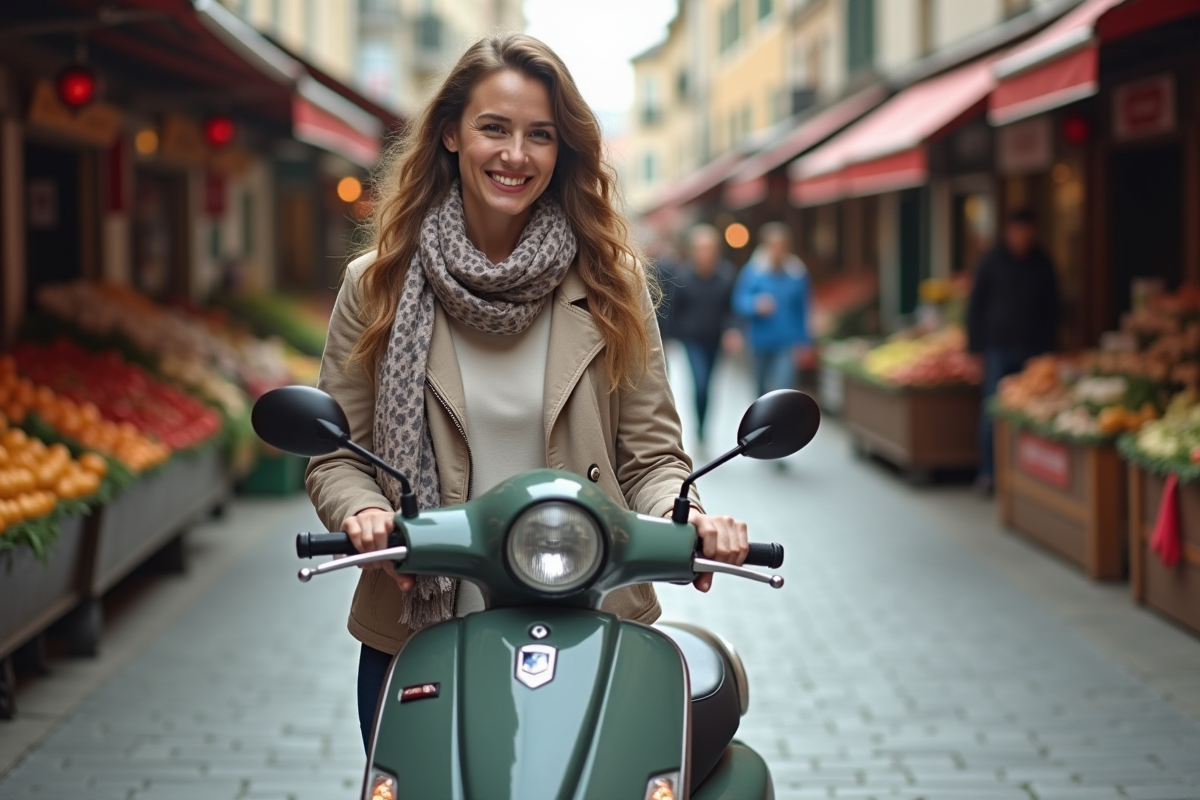Femme souriante avec scooter au marché local