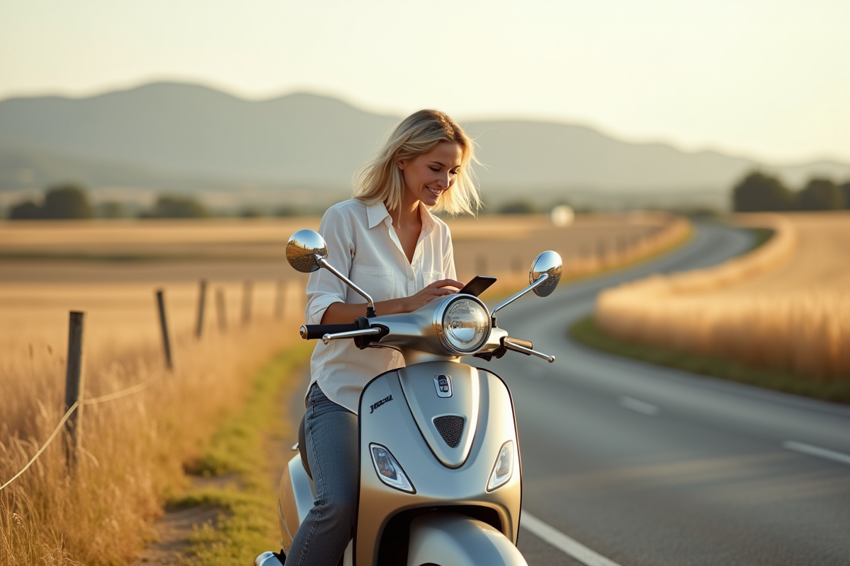 Femme sur scooter au bord d une route rurale