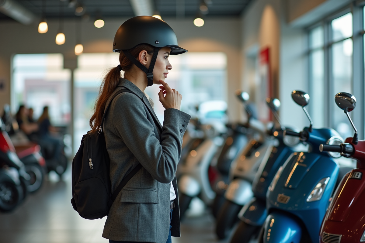 Femme examine scooters dans un showroom moderne