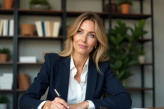 Femme professionnelle signant un formulaire de cession de vente imprimé sur un bureau en bois dans un bureau moderne