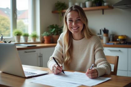 Femme souriante vérifiant ses documents d'assurance voiture
