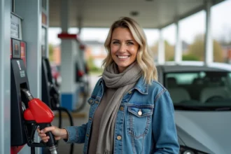 Femme souriante avec un pistolet à essence à la station