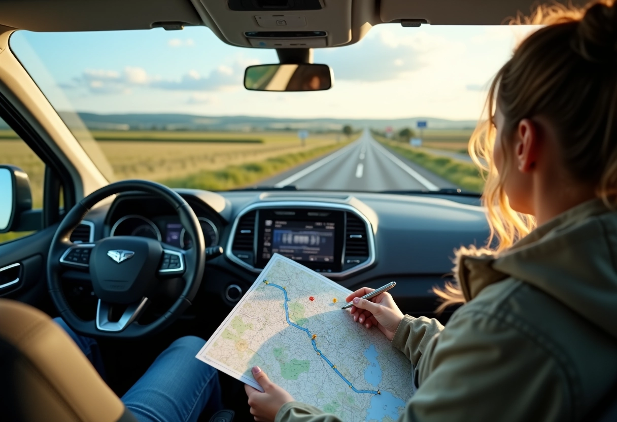 Jeune femme traçant un itinéraire dans un camping-car