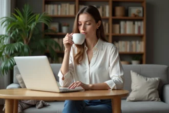 Jeune femme concentrée travaillant chez elle avec café