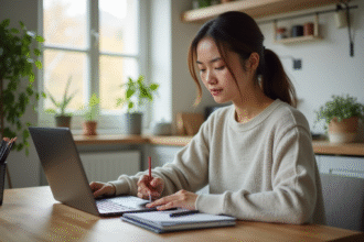 Jeune femme concentrée travaillant sur un ordinateur à la maison