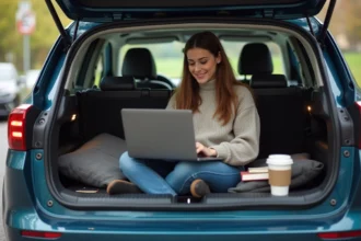 Jeune femme travaillant dans une voiture en ville