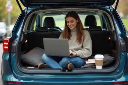 Jeune femme travaillant dans une voiture en ville
