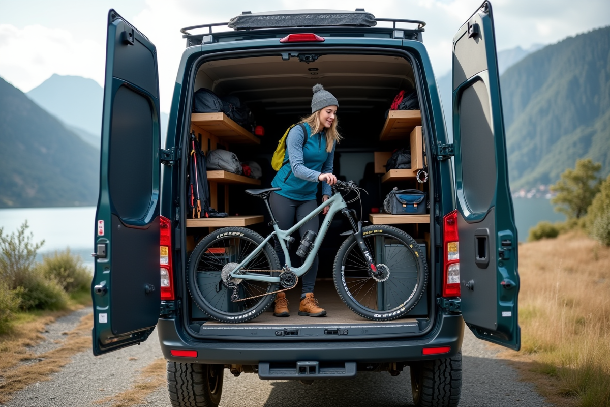 Femme déchargeant un vélo d’un van au bord du lac