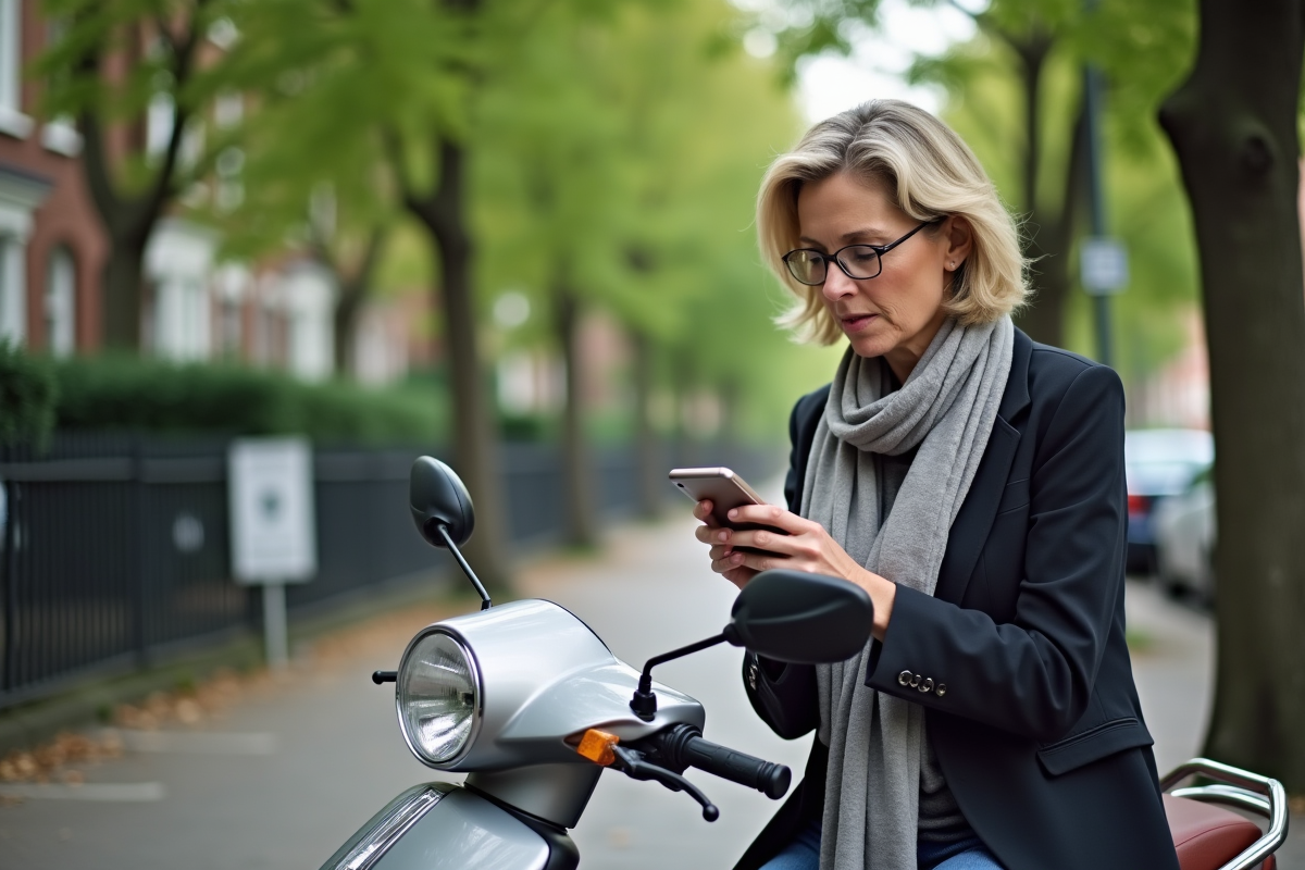 Femme vérifiant assurance scooter sur une rue résidentielle