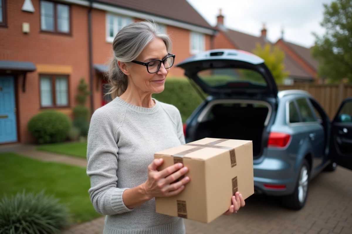 Femme inspectant un colis auto dans la cour