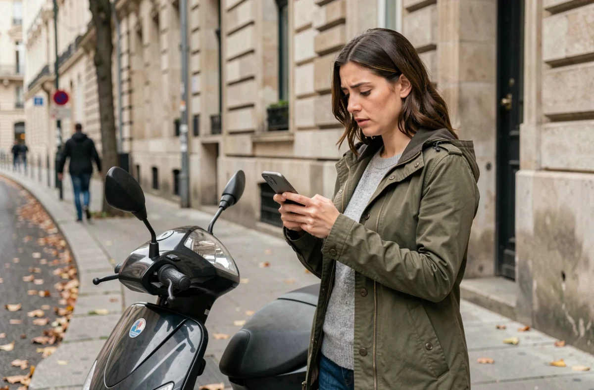 Femme vérifiant les détails d'une assurance scooter sur son smartphone dans une rue urbaine pour détecter une arnaque