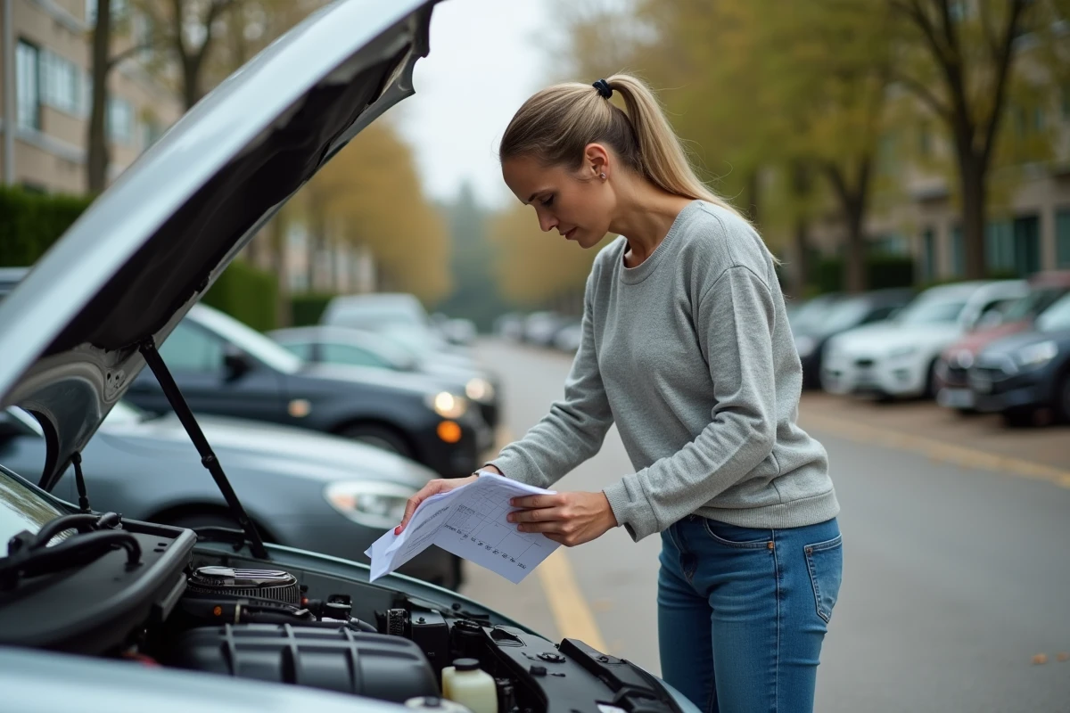 Femme vérifiant l'état du moteur de sa voiture en consultant un carnet d'entretien dans un parking résidentiel