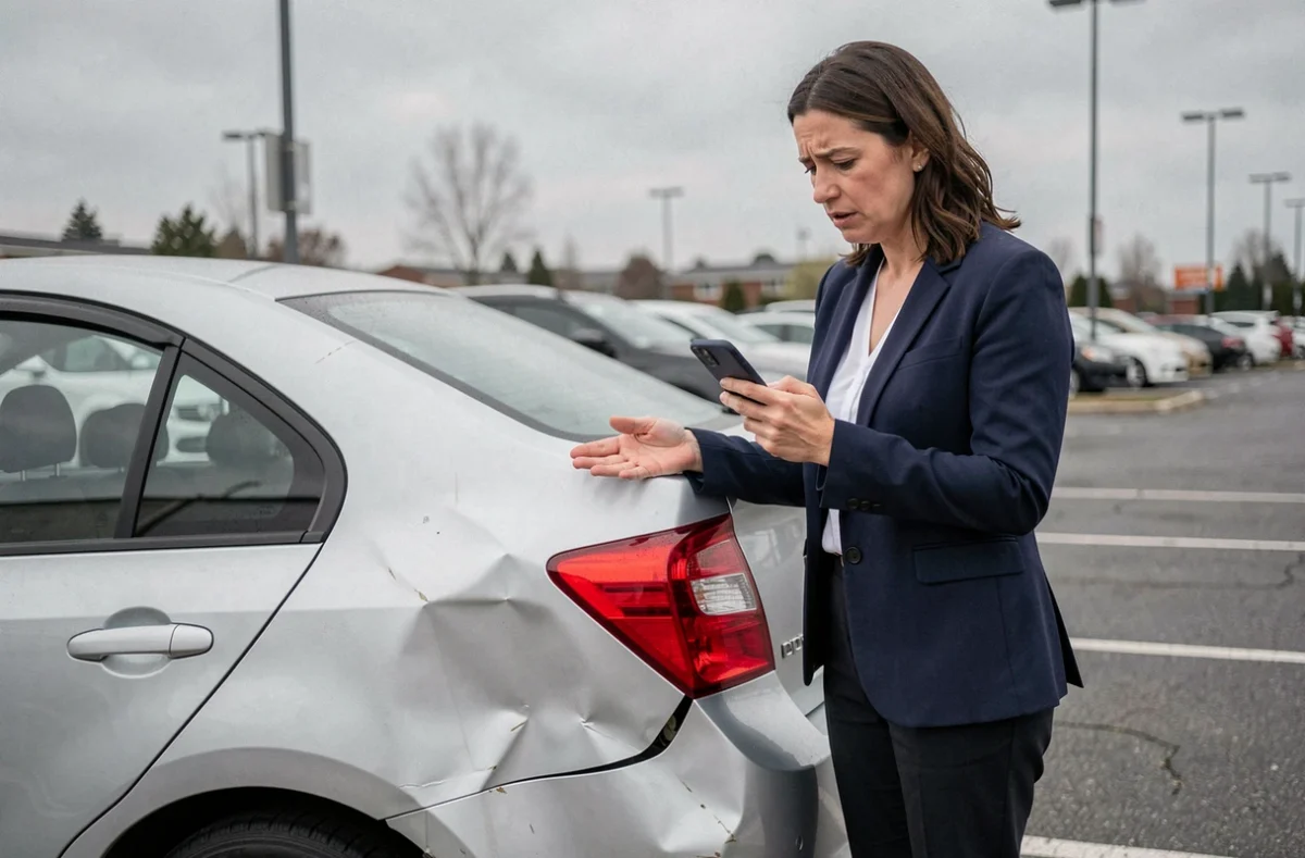 Femme inspectant les dégâts sur sa voiture après un accident, en lien avec l'augmentation de la franchise assurance