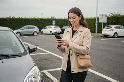 Femme consultant son téléphone près de sa voiture garée à l'aire de covoiturage de Chavagne