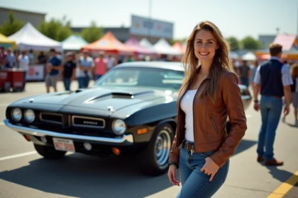 Femme souriante en veste en cuir vintage et voiture muscle