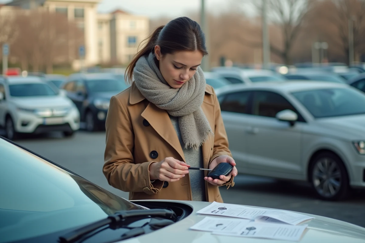 Femme vérifiant une clé dans un parking urbain