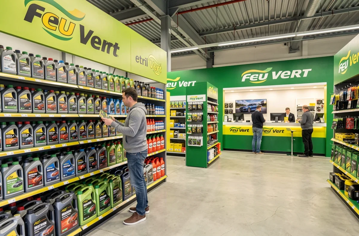 Intérieur du magasin Feu Vert Lille avec un client parcourant les rayons d'accessoires automobiles et le comptoir de service en arrière-plan