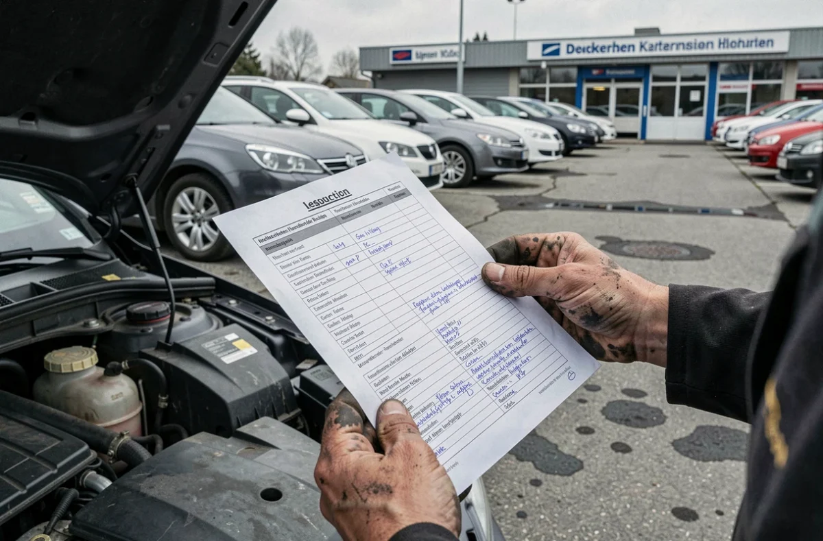 Mécanicien vérifiant une fiche d'inspection pour une voiture d'occasion certifiée sur un lot de revente allemand