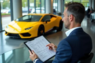 Homme en costume consultant des documents de financement devant une Lamborghini dans une concession de luxe