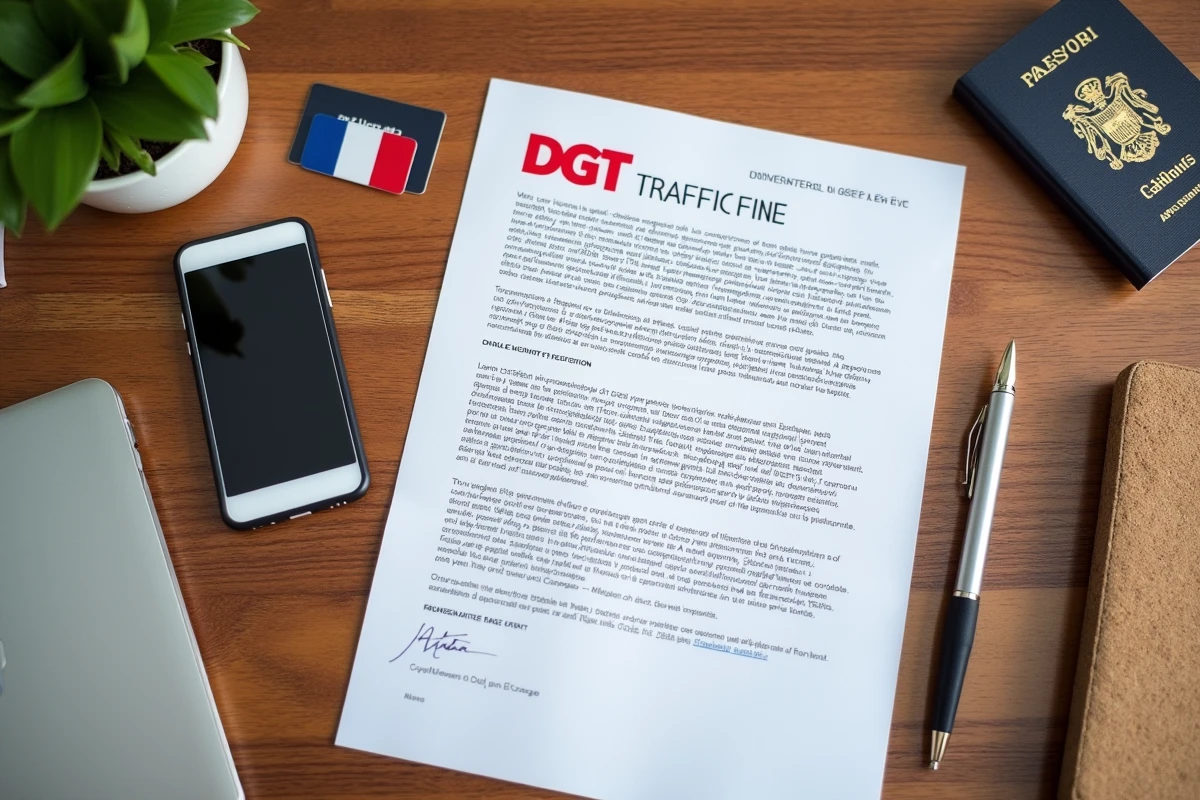 Vue aérienne d'une amende DGT espagnole avec carte bancaire française et passeport pour paiement depuis la France