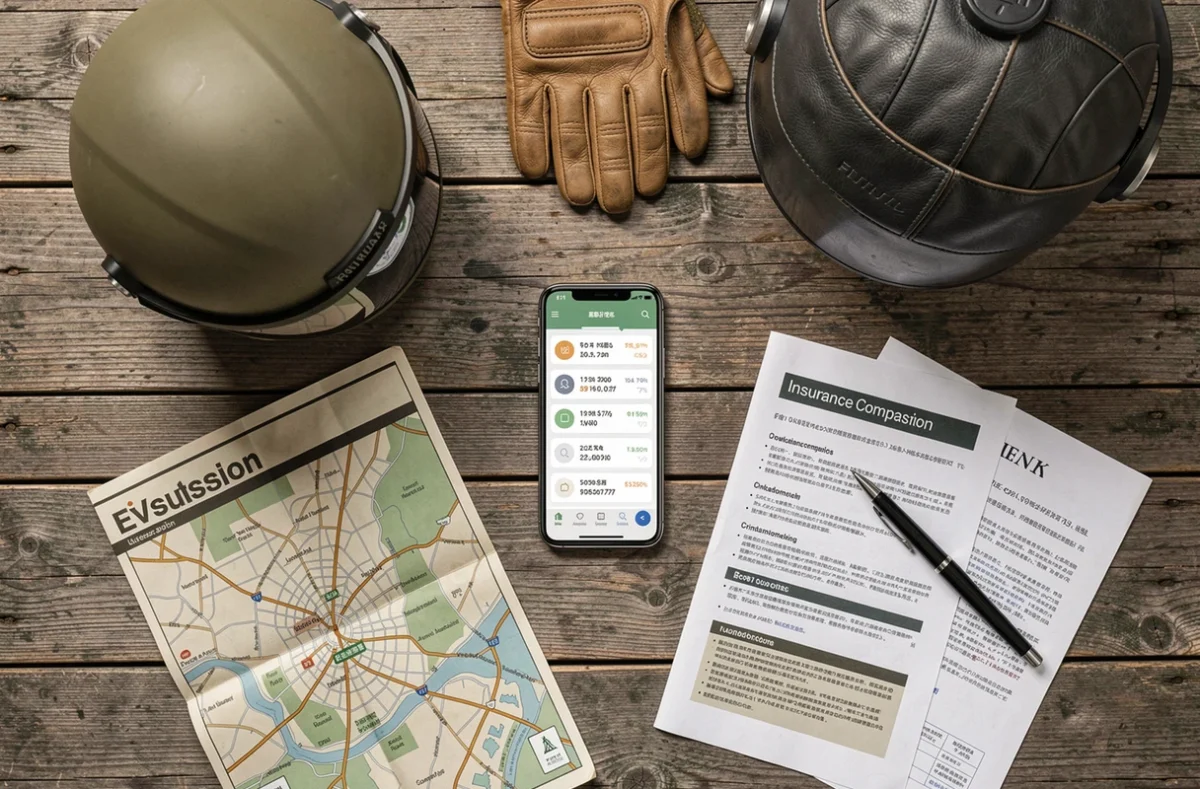 Vue aérienne de matériel de motard et documents d'assurance moto comparatifs posés sur une table en bois