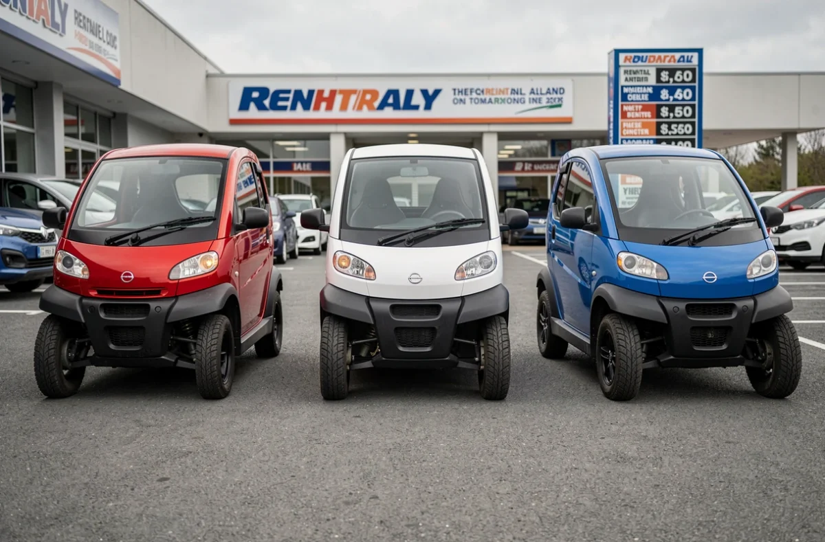 Rangée de voitures sans permis de différentes couleurs dans un parking de location