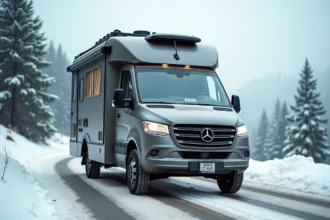 Fourgon aménagé occasion garé sur une route enneigée en montagne en hiver