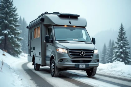Fourgon aménagé occasion garé sur une route enneigée en montagne en hiver