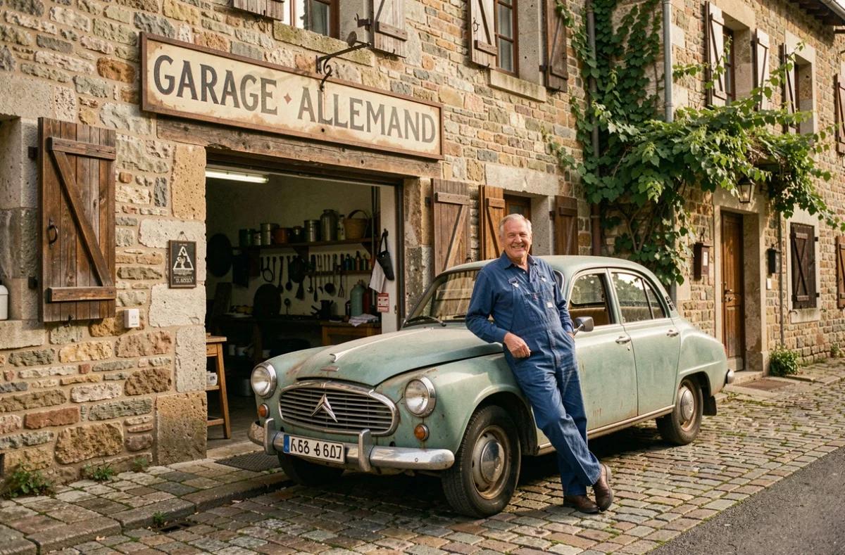 Mécanicien du Garage Allemand à Toulaud appuyé contre une Citroën vintage devant la façade en pierre