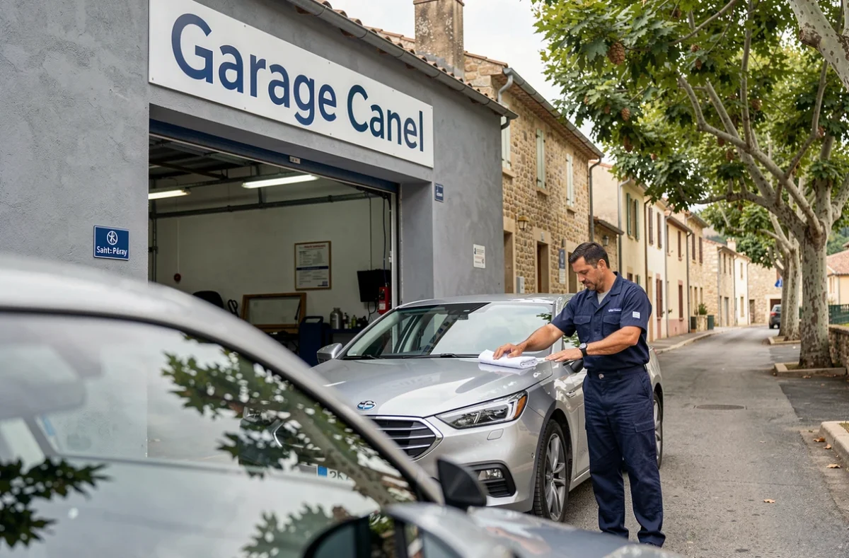 Façade du Garage Canel à Saint-Péray avec un mécanicien en uniforme devant un véhicule moderne