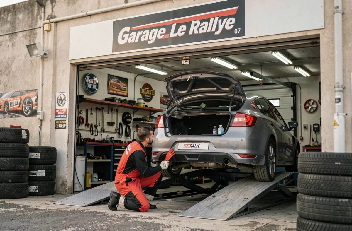 Mécanicien du Garage Le Rallye 07 en Ardèche inspectant un véhicule surélevé sur pont hydraulique