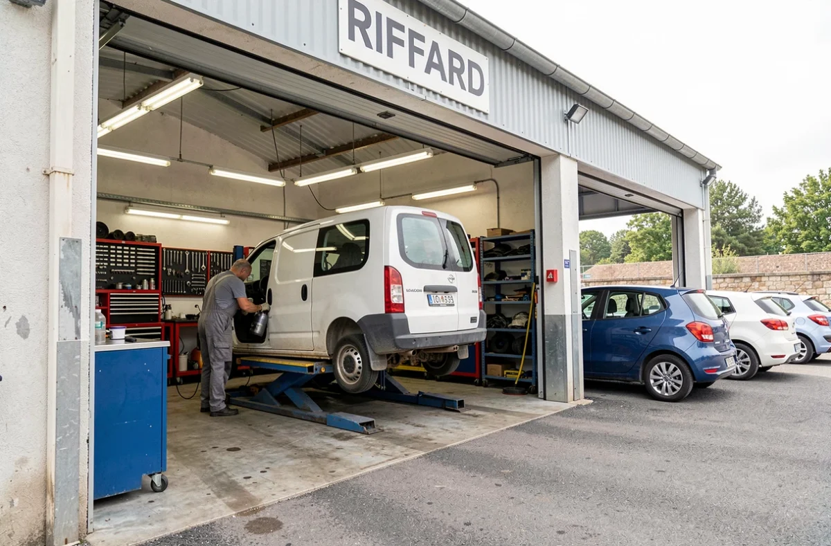 Mécanicien du Garage Riffard en Ardèche effectuant une vidange sous un van sur pont fosse