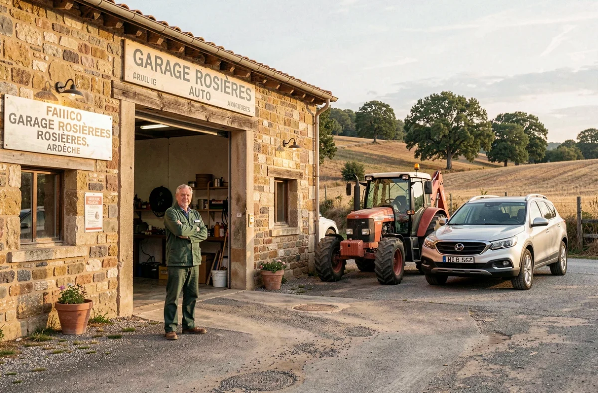 Propriétaire du Garage Rosières Auto devant sa façade avec tracteur et SUV sur le parvis