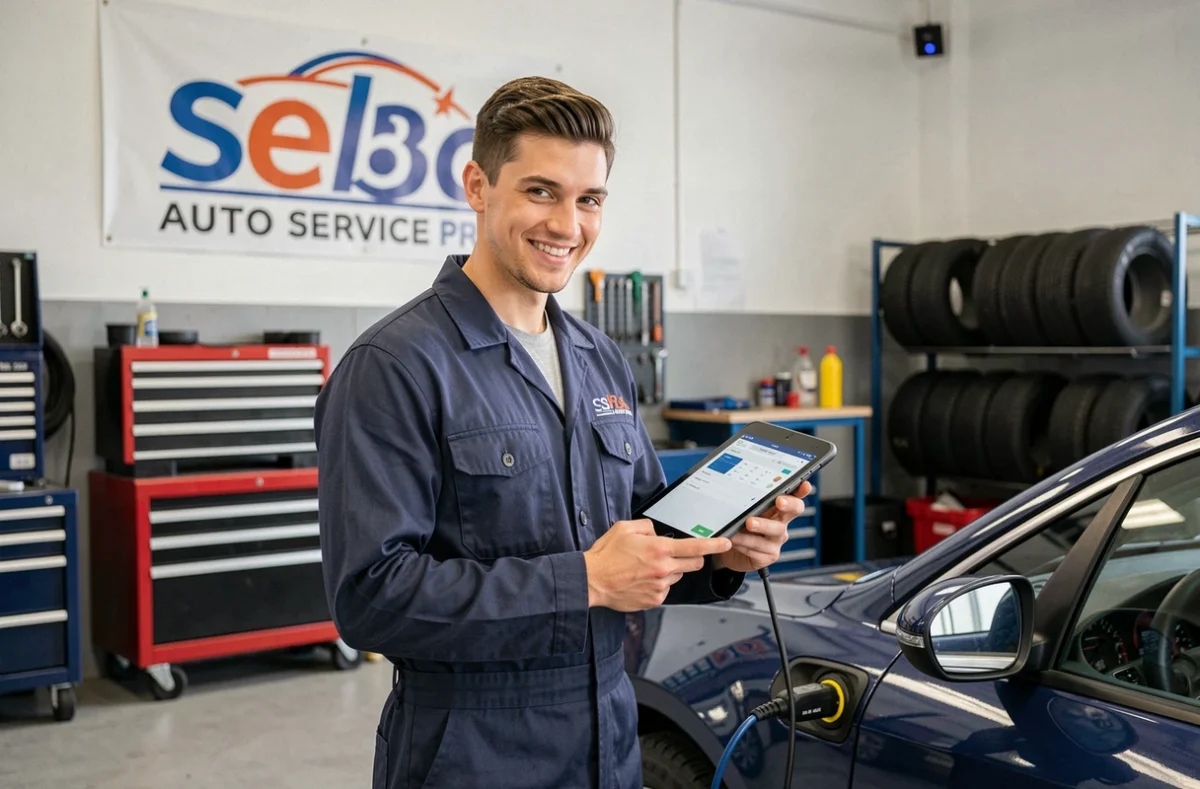 Mécanicien de Garage Seb Auto Service en Ardèche utilisant une tablette de diagnostic connectée à un véhicule