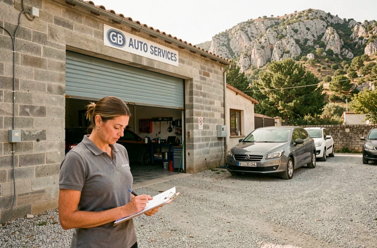 Atelier GB Auto Services à Prades avec une conseillère en service devant des véhicules en attente de réparation