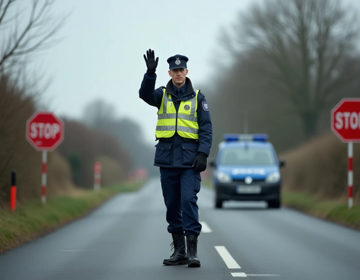 Gendarme en gilet réfléchissant gérant la circulation lors d'un barrage routier après un accident dans une zone rurale du nord