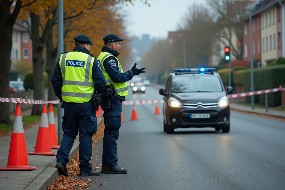 Gendarmes encadrant une zone d'accident sécurisée avec des cônes et du ruban de signalisation sur une route de Chambéry